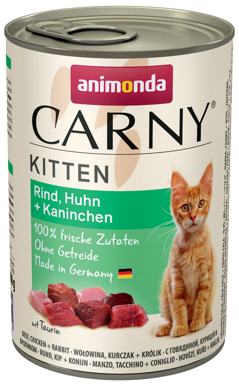 Carny Kitten hovadzie, kura a kralik 400g title=