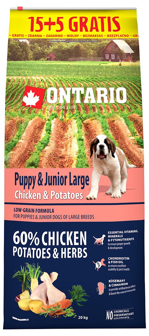 Ontario Puppy &amp; Junior Large Chicken &amp; Potatoes 15+5kg zdarma + 4 konzervy zdarma