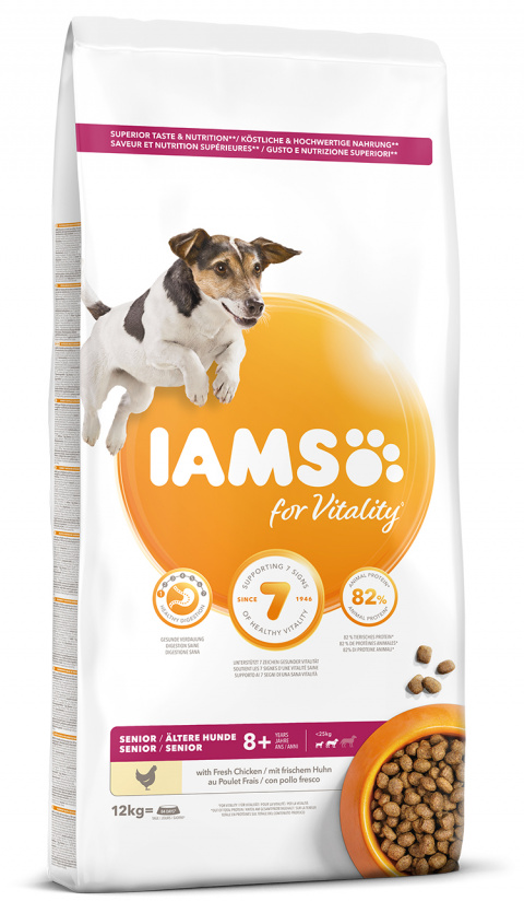 IAMS Dog Senior Small &amp; Medium Chicken 12kg + lanová hračka různé barvy ZDARMA title=
