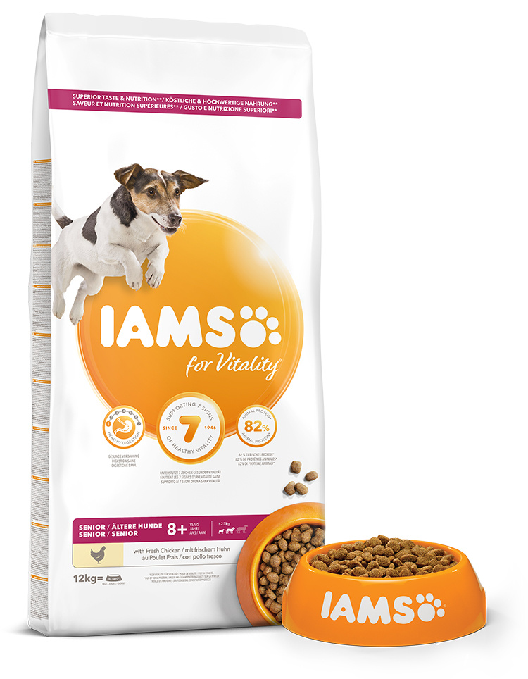 IAMS Dog Senior Small &amp; Medium Chicken 12kg + lanová hračka různé barvy ZDARMA