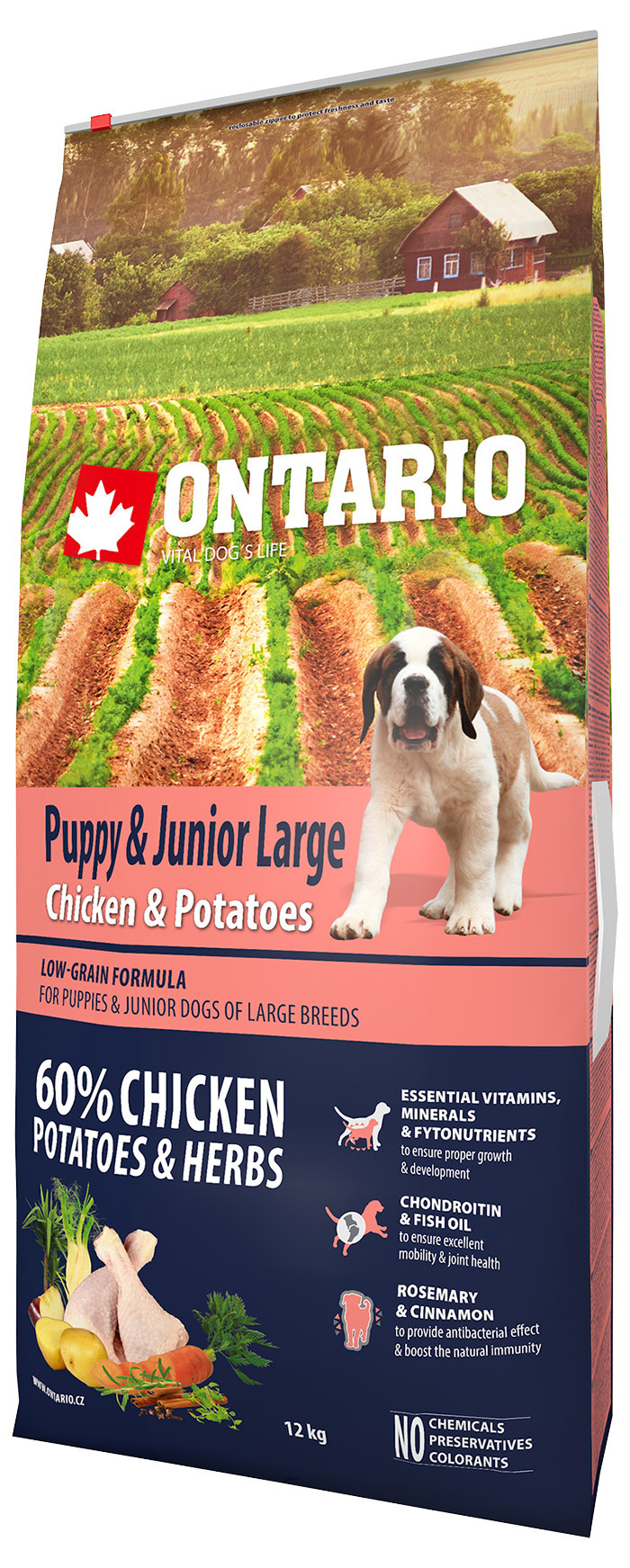Ontario Puppy &amp; Junior Large Chicken &amp; Potatoes 12kg + 4 konzervy zdarma