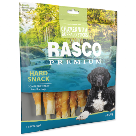Pochoutka Rasco Premium tyčinky bůvolí obalené kuřecím masem 500g title=