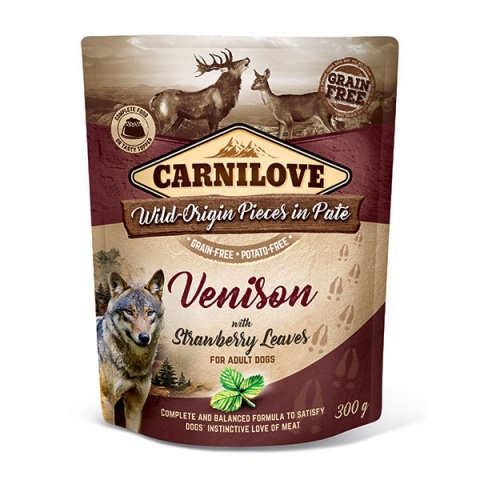 Kapsička Carnilove Dog Pouch Paté jelenina s listy jahodníků 300g title=