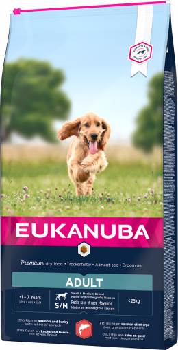 Eukanuba Adult Small &amp; Medium Salmon 12kg + lanová hračka různé barvy ZDARMA