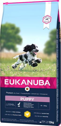 Eukanuba Puppy Medium 12kg + zásobník se sáčky zdarma
