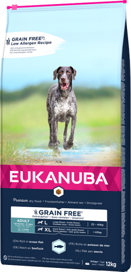 Eukanuba Adult Large &amp; Giant Grain Free Ocean Fish 12kg + lanová hračka různé barvy ZDARMA