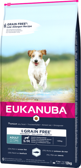 Eukanuba Adult Small &amp; Medium Grain Free Ocean Fish 12kg + lanová hračka různé barvy ZDARMA