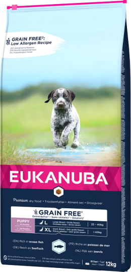 Eukanuba Puppy &amp; Junior Large &amp; Giant Grain Free Ocean Fish 12kg + lanová hračka různé barvy ZDARMA