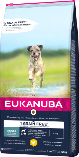 Eukanuba Adult Small &amp; Medium Grain Free Chicken 12kg​ + zásobník se sáčky zdarma