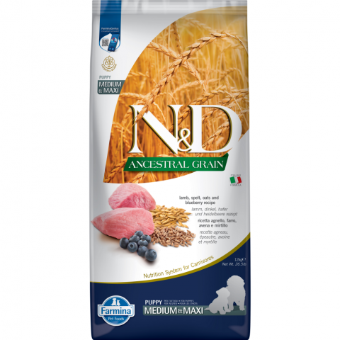 N&amp;D Ancestral Grain Dog Puppy Medium/Maxi Lamb&amp;Blueberry 12kg title=
