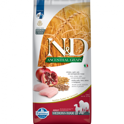 N&amp;D Ancestral Grain Dog Adult Medium/Maxi Chicken&amp;Pomegranate 12kg title=