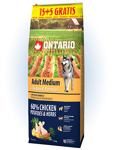 Ontario Adult Medium Chicken & Potatoes 15+5 kg zdarma Ontario Adult Medium Chicken & Potatoes 15+5 kg zdarma