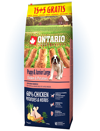 Ontario Puppy &amp; Junior Large Chicken &amp; Potatoes 15+5kg zdarma + 4 konzervy zdarma title=