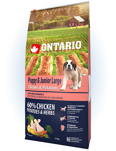 Ontario Puppy &amp; Junior Large Chicken &amp; Potatoes 12kg + 4 konzervy zdarma title=
