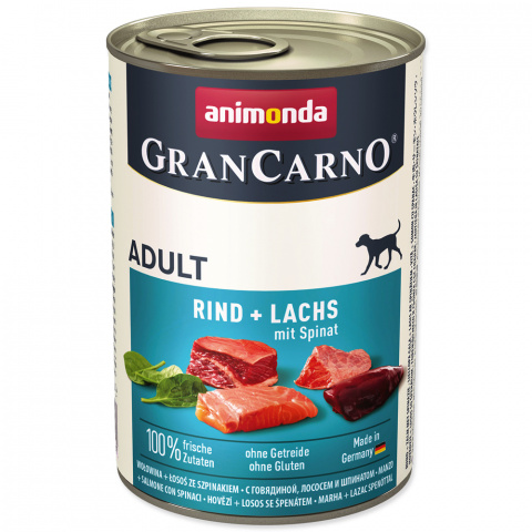 Konservi suņiem - GranCarno Plus Adult Beef, Salmon and Spinach, 400 g