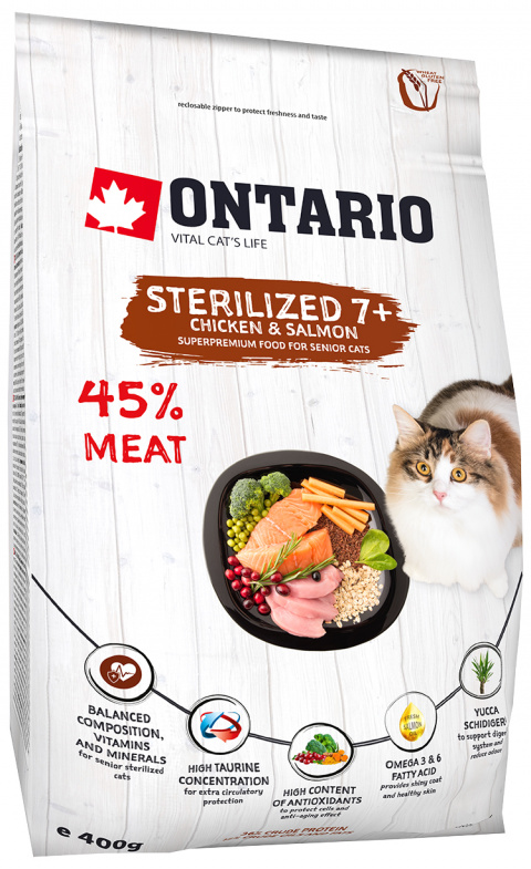 Корм для кошек – Ontario SP Cat Sterilised 7+, 0,4 кг title=