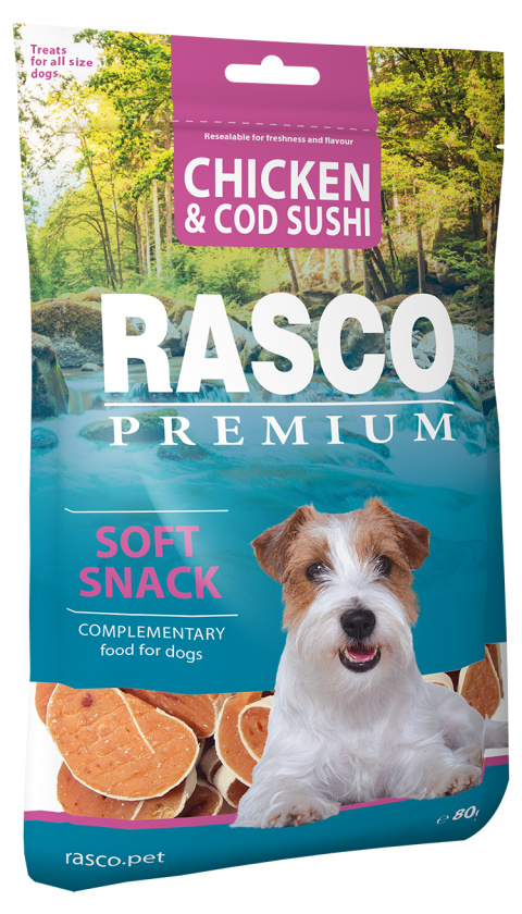Лакомство для собак – Rasco Premium Chicken and Cod Sushi, 80 г title=