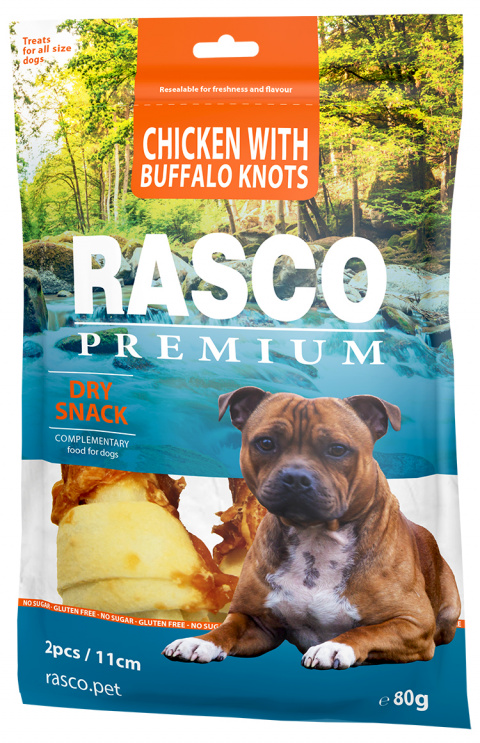 Лакомство для собак – Rasco Premium Rawhide Chicken with Buffalo Knots 11 см, 80 г title=