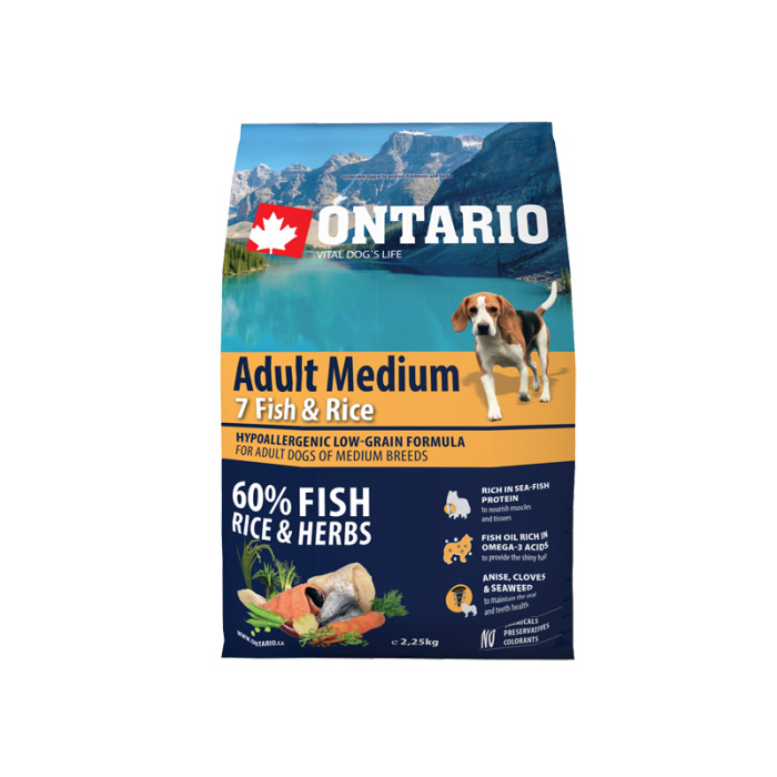 Корм для собак – ONTARIO Adult Medium Fish and Rice, 2,25 кг Корм для собак – ONTARIO Adult Medium Fish and Rice, 2,25 кг