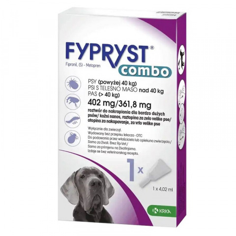 Līdzeklis pret blusām, ērcēm suņiem – Fypryst combo dog 402/361,8 mg (40–60 kg), 1 pip., bezrecepšu vet. zāles - reģ. NR - VA - 072463/3 title=