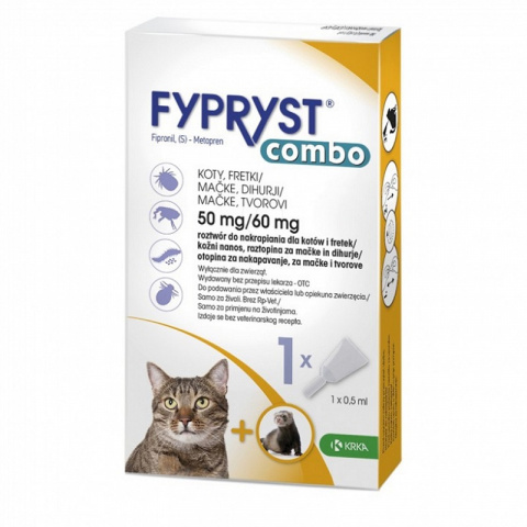Средство от блох, клещей для кошек и хорьков – Fypryst combo cat and ferret, 50/60 мг 1 пипетка, безрецептурный препарат reģ. NR - VA - 072463/3 title=