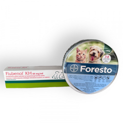 Kakla siksna pret ērcēm, blusām – Foresto kaķiem un maza auguma suņiem līdz 8 kg + Flubenol dāvanā, bezrecepšu vet.zāles reģ. NR: VA - 072463/3