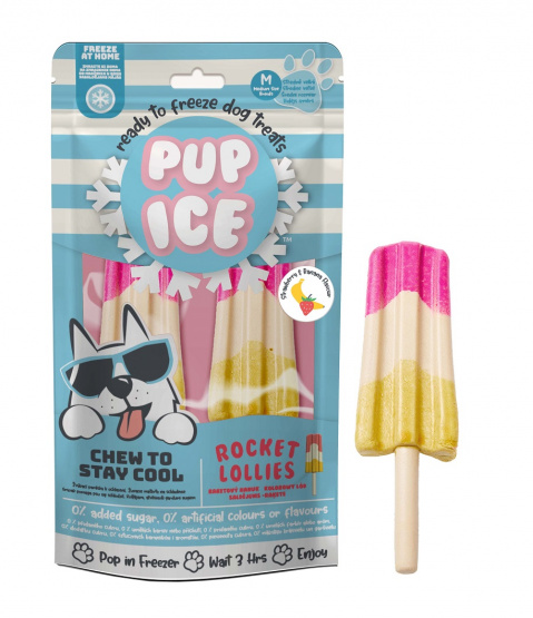 Atvēsinošs saldējums suņiem – Pup Ice Rocket Lollies, yogurt, strawberry and banana flavor, 2 gab., 90 g title=