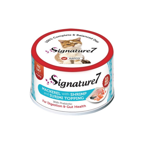 Консервы для кошек – Signature7 с макрелью, креветками и сурими, 70 г title=