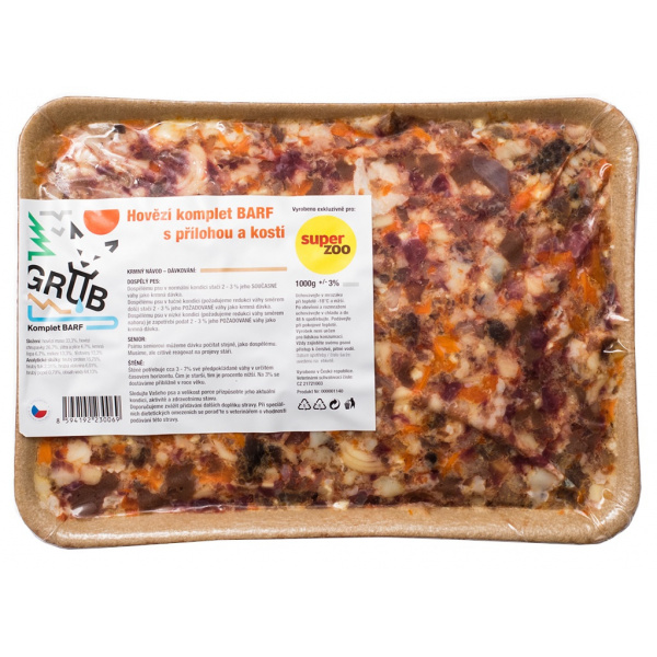 GRUB komplet hovädzí barf s prílohou a kosťami 1kg