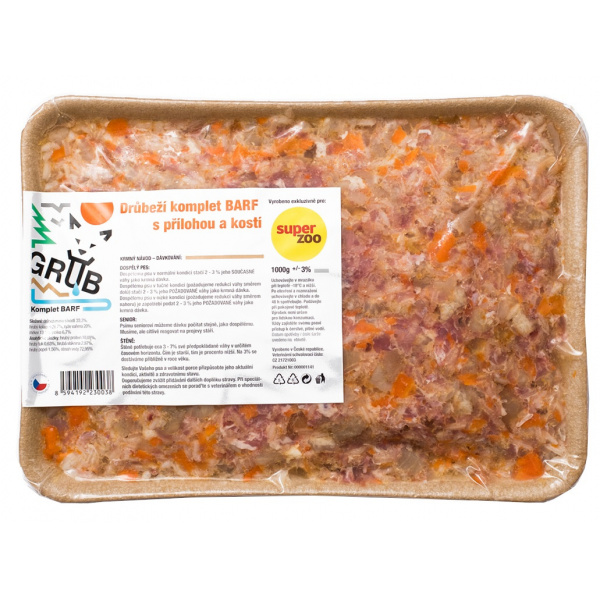 GRUB komplet hydinový barf s prílohou a kosťami 1 kg