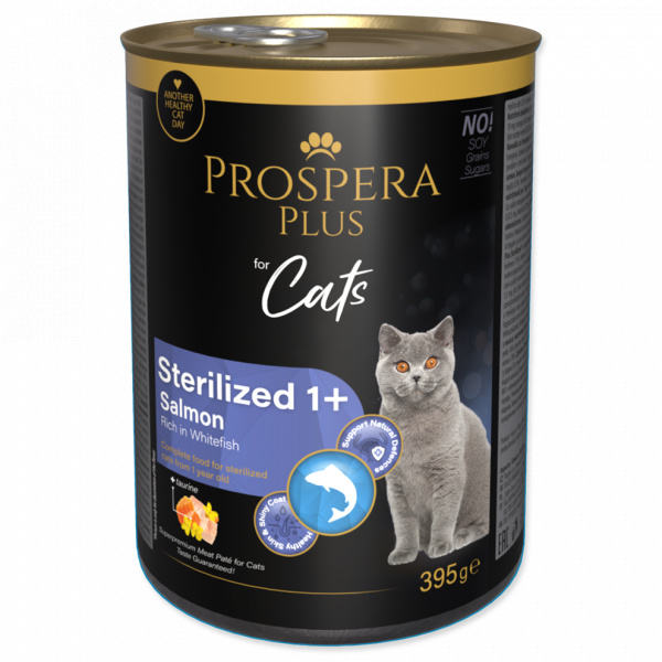 Konzerva Prospera Plus Cat Meat Paté Sterilized 1+ losos a bílá ryba 395g